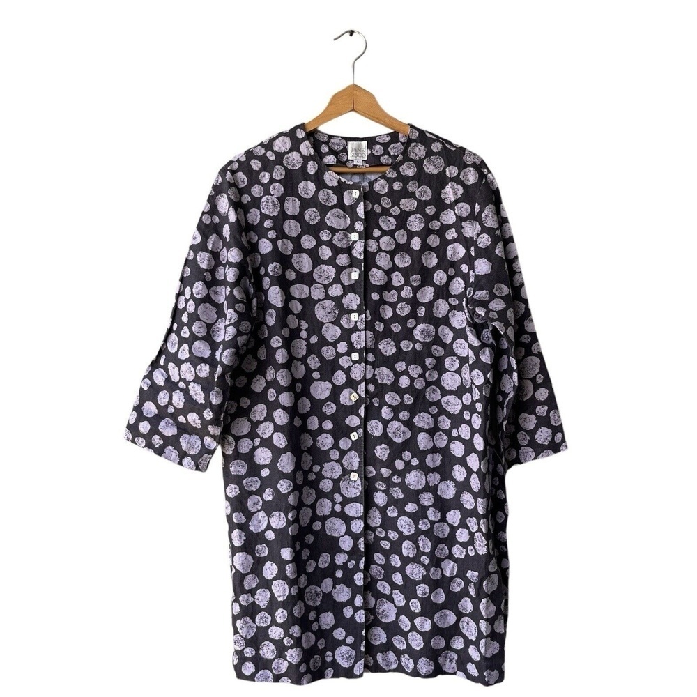 Jane Sisco 100% Linen Button Tunic Top Charcoal Dotted Prints Lagenlook Size L
